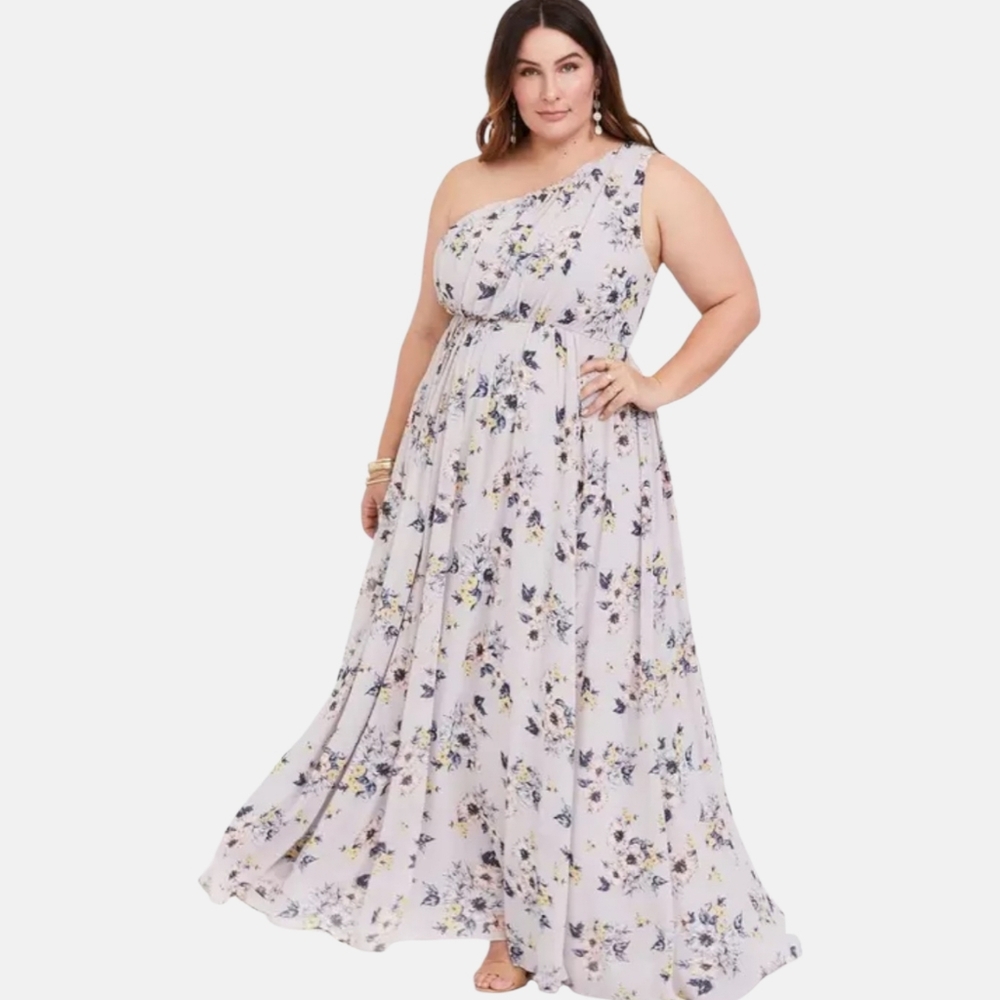 Torrid One Shoulder Chiffon Maxi Dress Grey Floral Size 18 NWT ✨